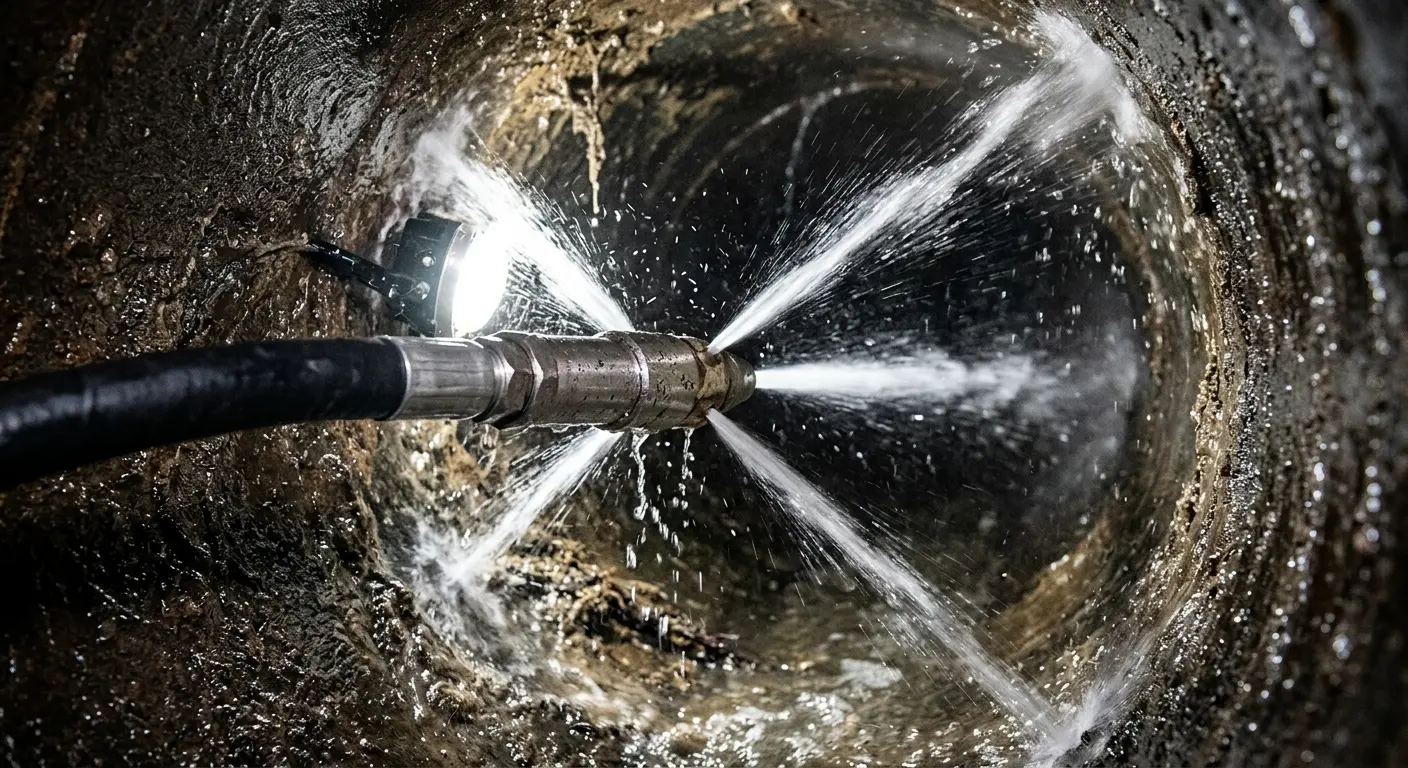 High-pressure hydro jetting nozzle cleaning sewer pipe for Emergency Drain Service in Bowie