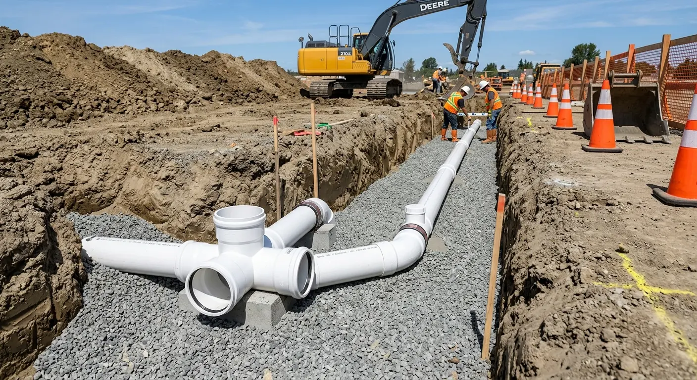 New PVC sewer pipe installation in open trench for Commercial Drain Cleaning in Bowie