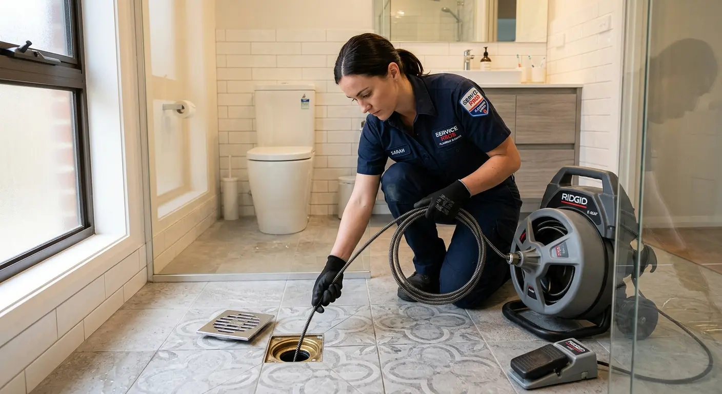 Technician clearing a bathroom floor drain for Hydro Jetting in Bowie